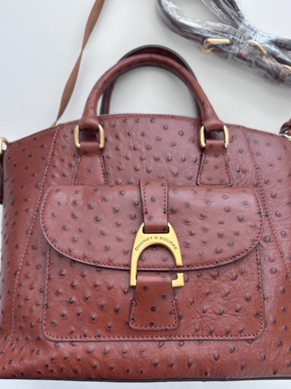 Dooney & Bourke Ostrich Embossed Leather Domed Satchel | Cognac | New with Tags - Picture 9 of 15